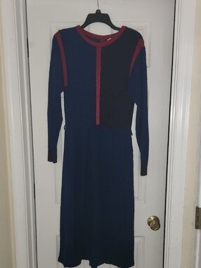 Vintage Long-Sleeve Navy and Purple Knit Dress
